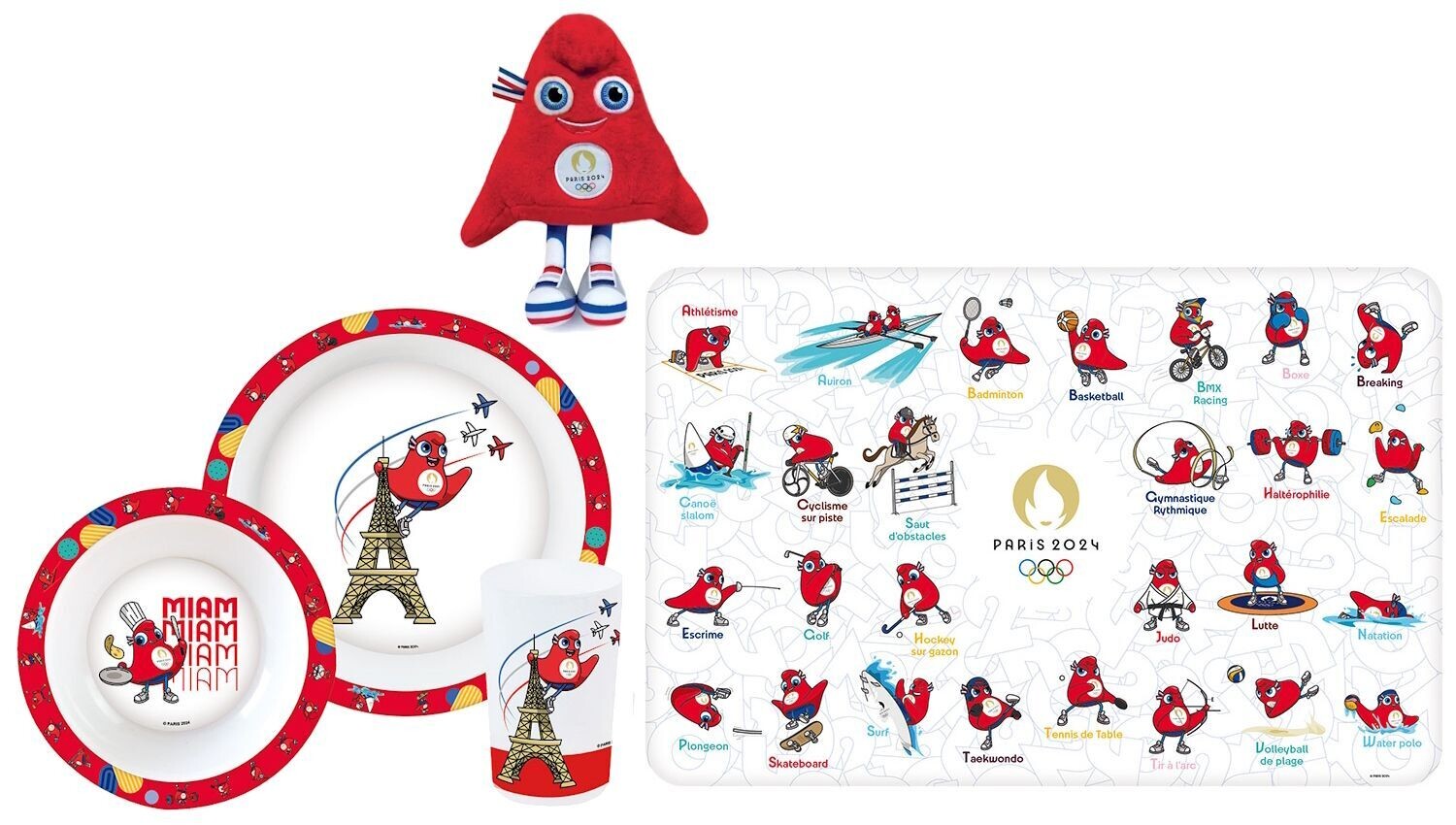 JEUX OLYMPIQUES PARIS 2024 - Lot ensemble repas (assiette, bol, verre) + set de table + peluche 23 cm