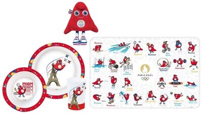 JEUX OLYMPIQUES PARIS 2024 - Lot ensemble repas (assiette, bol, verre) + set de table + peluche 23 cm