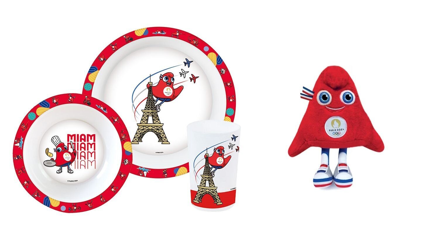 JEUX OLYMPIQUES PARIS 2024 - Lot ensemble repas (assiette, bol, verre) + peluche 23 cm
