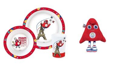 JEUX OLYMPIQUES PARIS 2024 - Lot ensemble repas (assiette, bol, verre) + peluche 23 cm