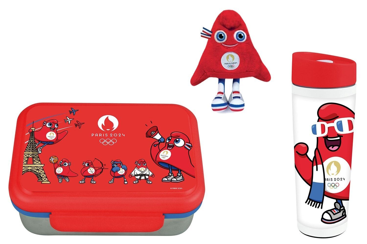 JEUX OLYMPIQUES PARIS 2024 - Lot boite goûter inox + thermos + peluche 23 cm