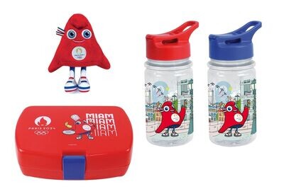 JEUX OLYMPIQUES PARIS 2024 - Lot boite goûter + gourde (bleu OU rouge - coloris aléatoire) + peluche 23 cm