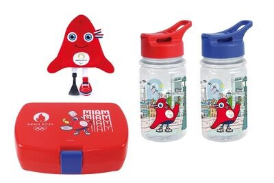 JEUX OLYMPIQUES PARIS 2024 - Lot boite goûter + gourde (bleu OU rouge - coloris aléatoire) + peluche paralympiques 28 cm