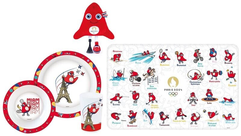 JEUX OLYMPIQUES PARIS 2024 - Lot ensemble repas (assiette, bol, verre) + set de table + peluche paralympiques 28 cm