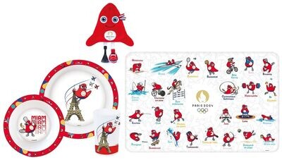 JEUX OLYMPIQUES PARIS 2024 - Lot ensemble repas (assiette, bol, verre) + set de table + peluche paralympiques 28 cm