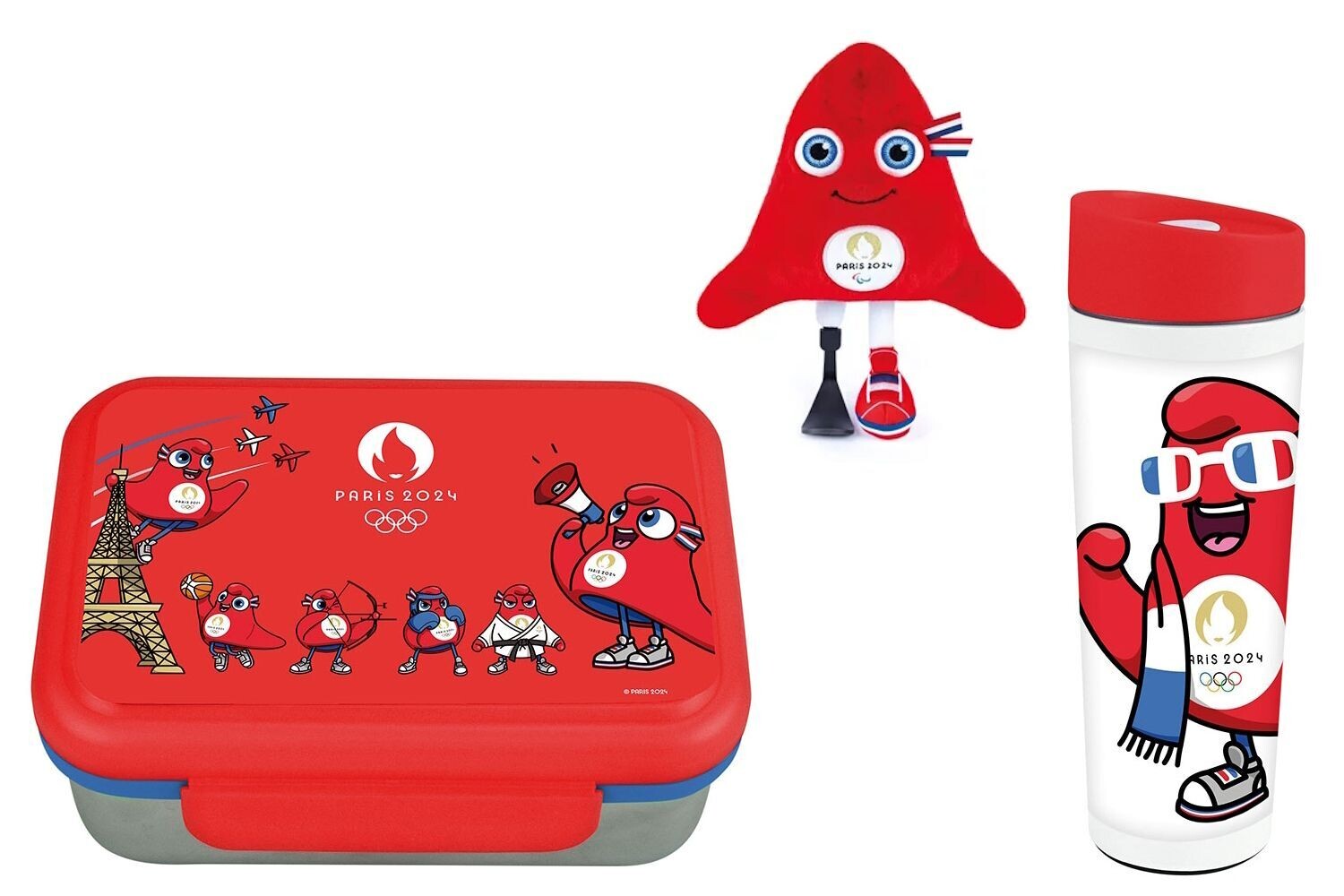 JEUX OLYMPIQUES PARIS 2024 - Lot boite goûter inox + thermos + peluche paralympiques 28 cm