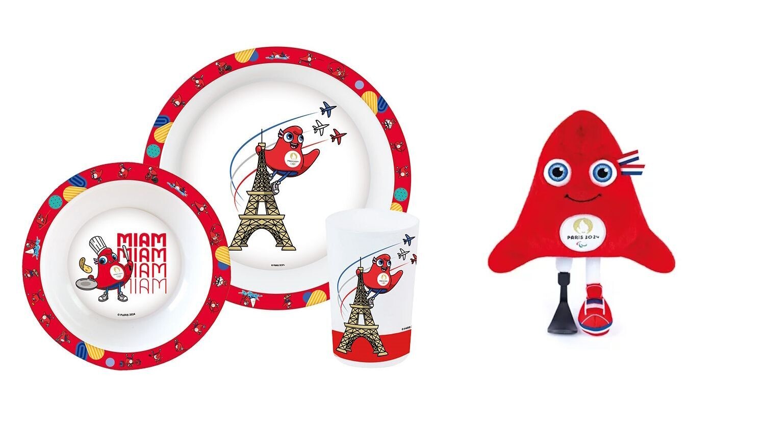 JEUX OLYMPIQUES PARIS 2024 - Lot ensemble repas (assiette, bol, verre) + peluche paralympiques 28 cm