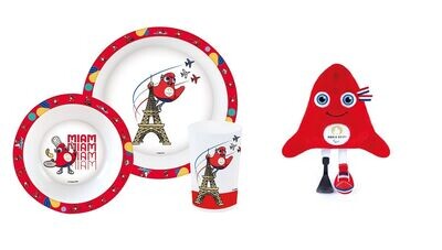 JEUX OLYMPIQUES PARIS 2024 - Lot ensemble repas (assiette, bol, verre) + peluche paralympiques 28 cm