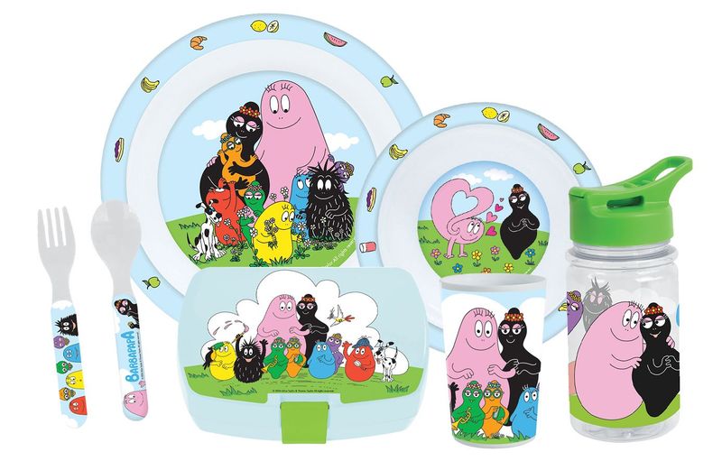 BARBAPAPA - Lot vaisselle verre 220 ml, assiette creuse 16 cm, assiette 22 cm, couverts 13.5 cm, gourde 380 ml et boite gouter