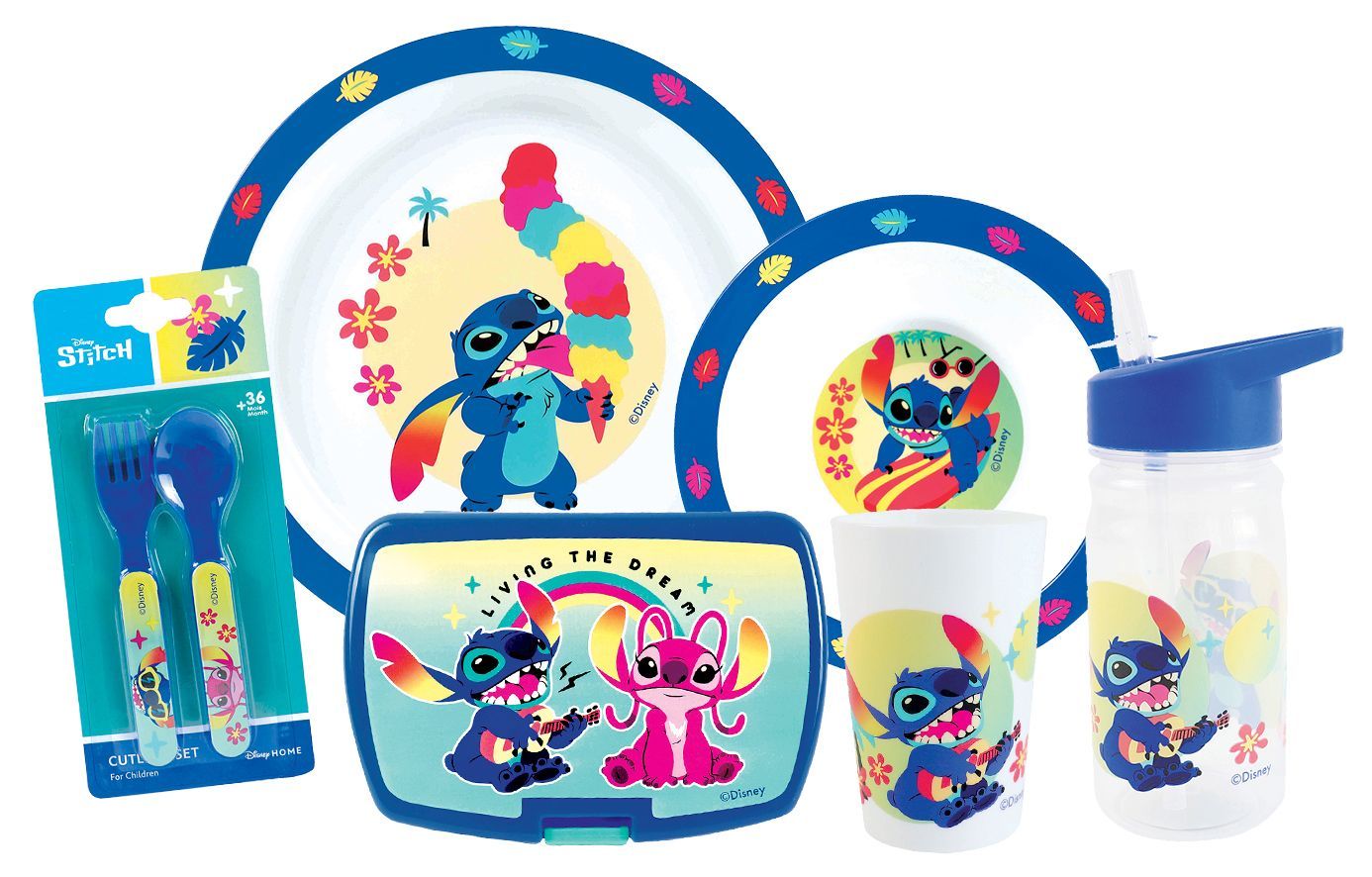 DISNEY LILO ET STITCH - Lot vaisselle verre 220 ml, assiette creuse 16 cm, assiette 22 cm, couverts 13.5 cm, gourde 380 ml et boite gouter