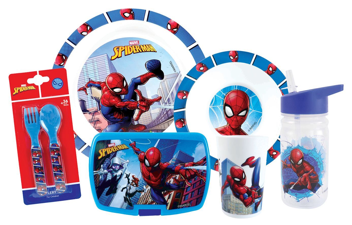 SPIDERMAN - Lot vaisselle verre 220 ml, assiette creuse 16 cm, assiette 22 cm, couverts 13.5 cm, gourde 380 ml et boite gouter