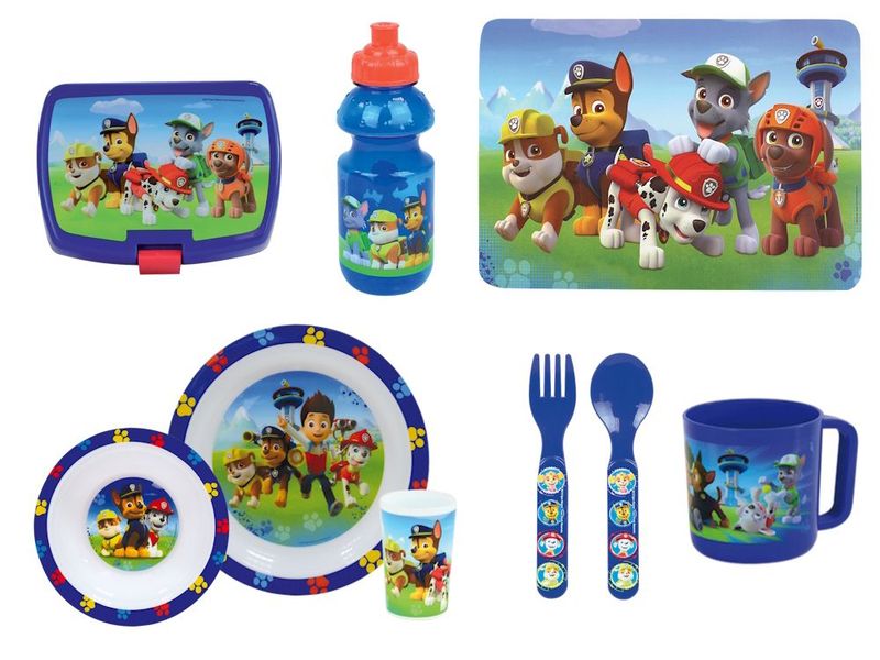 PAT'PATROUILLE Lot de vaisselle : Assiette, bol, verre, couverts, mug, gourde, boite goûter et set de table.