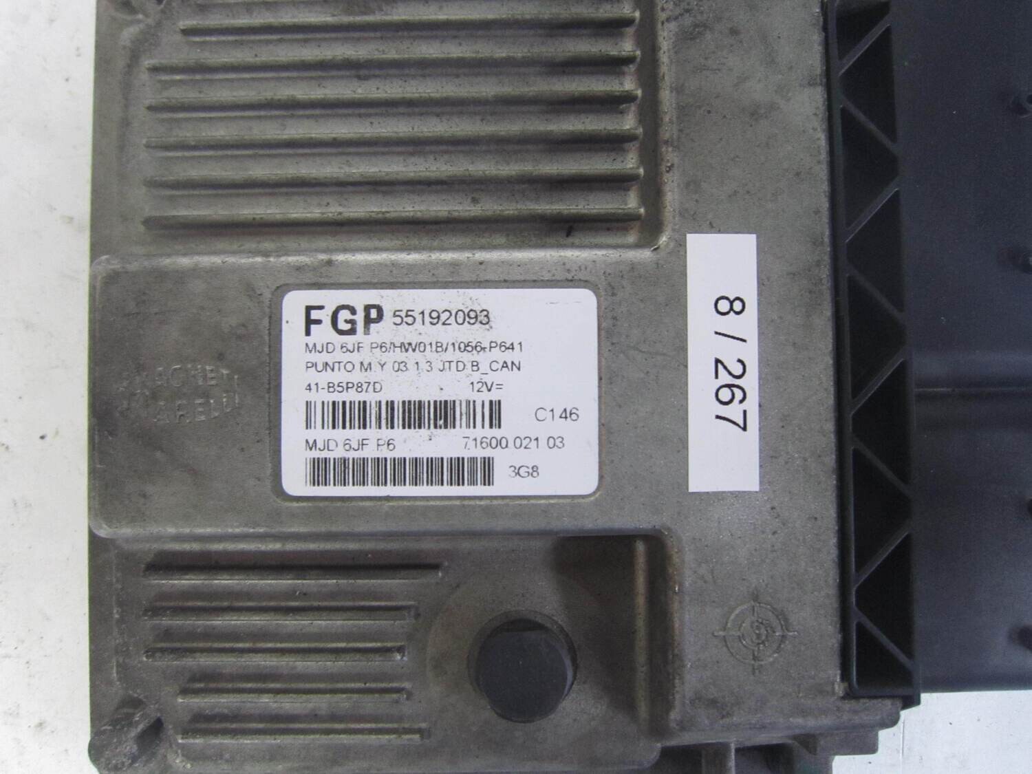 8-267 Centralina Motore Magneti Marelli  55192093 MJD 6JF.P6 MJD6JFP6   71600.021.03 7160002103 HW01B/1056-P641 HW01B1056P641 ALFA ROMEO / FIAT / LANCIA  PUNTO 1.3 JTD
