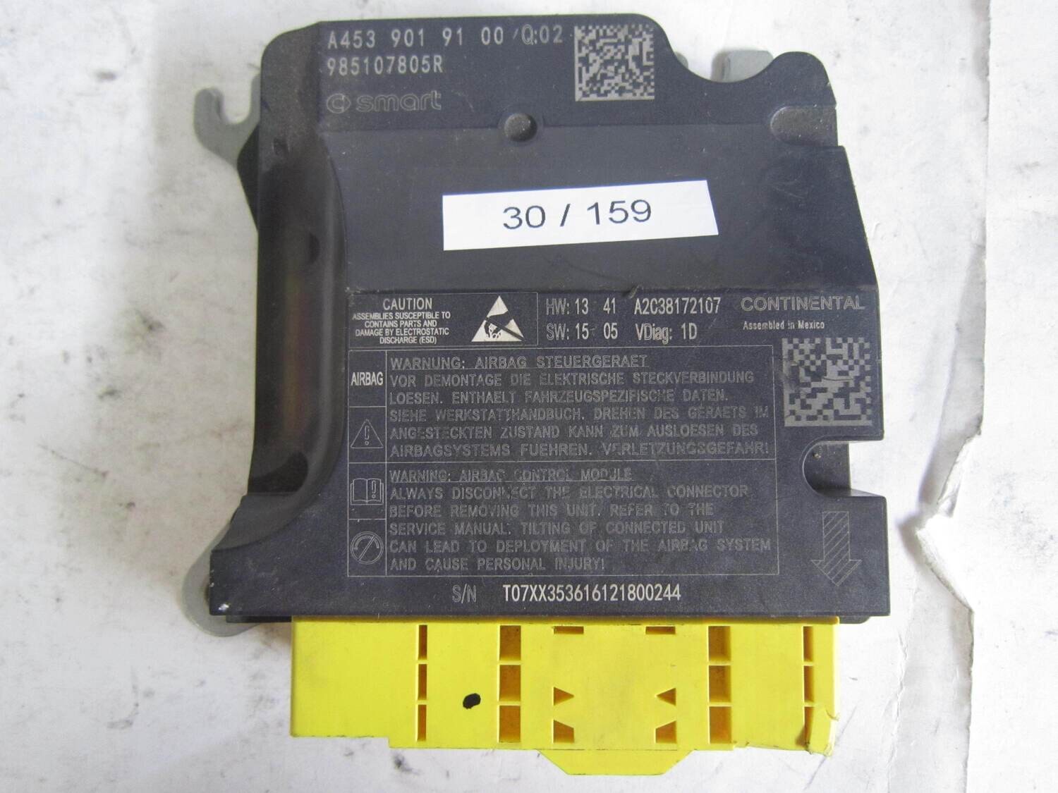 30-159 Centralina Airbag Continental A453 901 91 00/Q02 A4539019100Q02 985107805R SMART Generica FORTWO 453 1.0