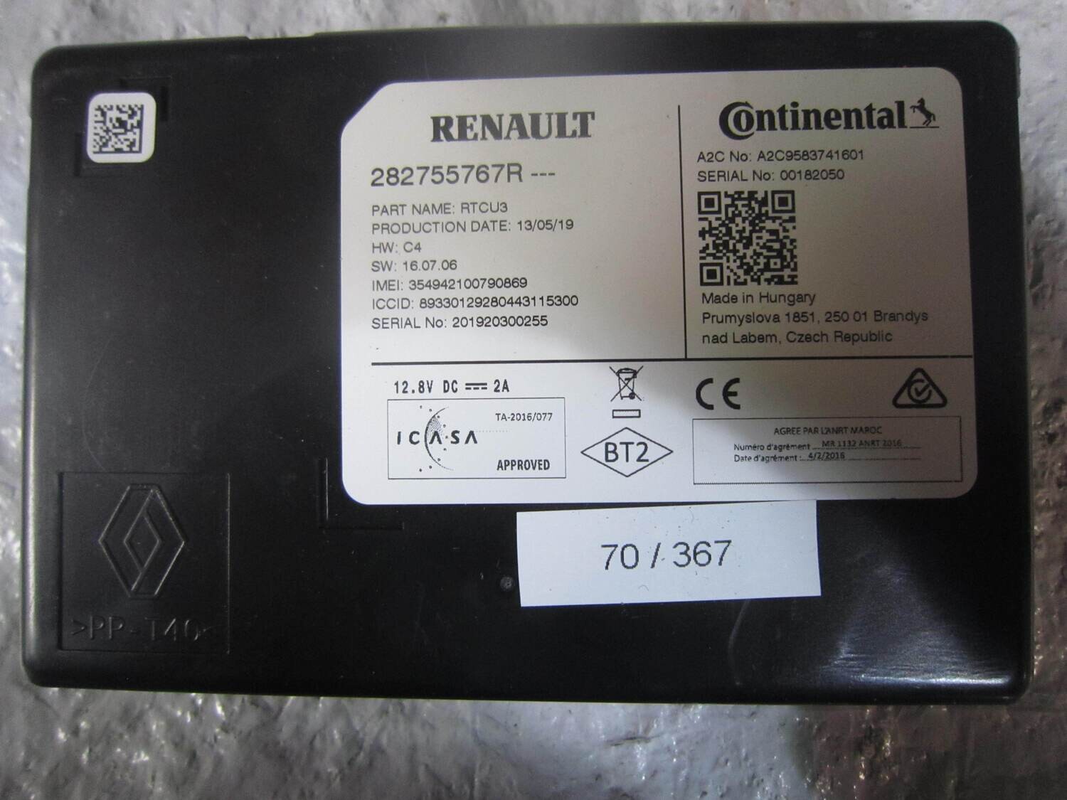 70-367 MODULO DI CONTROLLO CONTINENTAL 282755767R A2C9583741601 HW C4 SW 16.07.06 RTCU3 RENAULT VARIE
