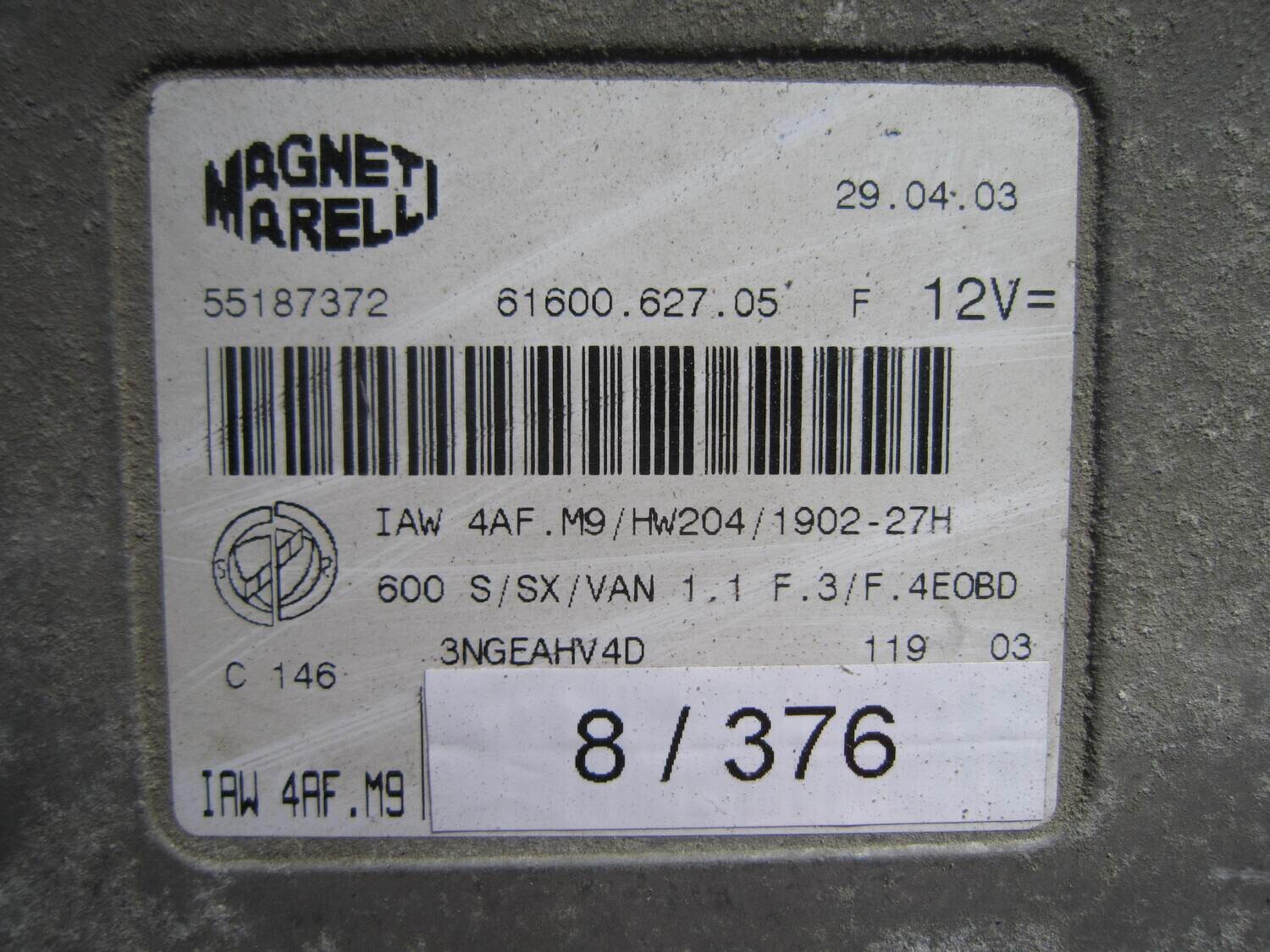 8-376 Centralina Motore Magneti Marelli 55187372 61600.627.05 6160062705 IAW 4AF.M9 HW204/1902-27H ALFA ROMEO / FIAT / LANCIA Benzina 600 1.1