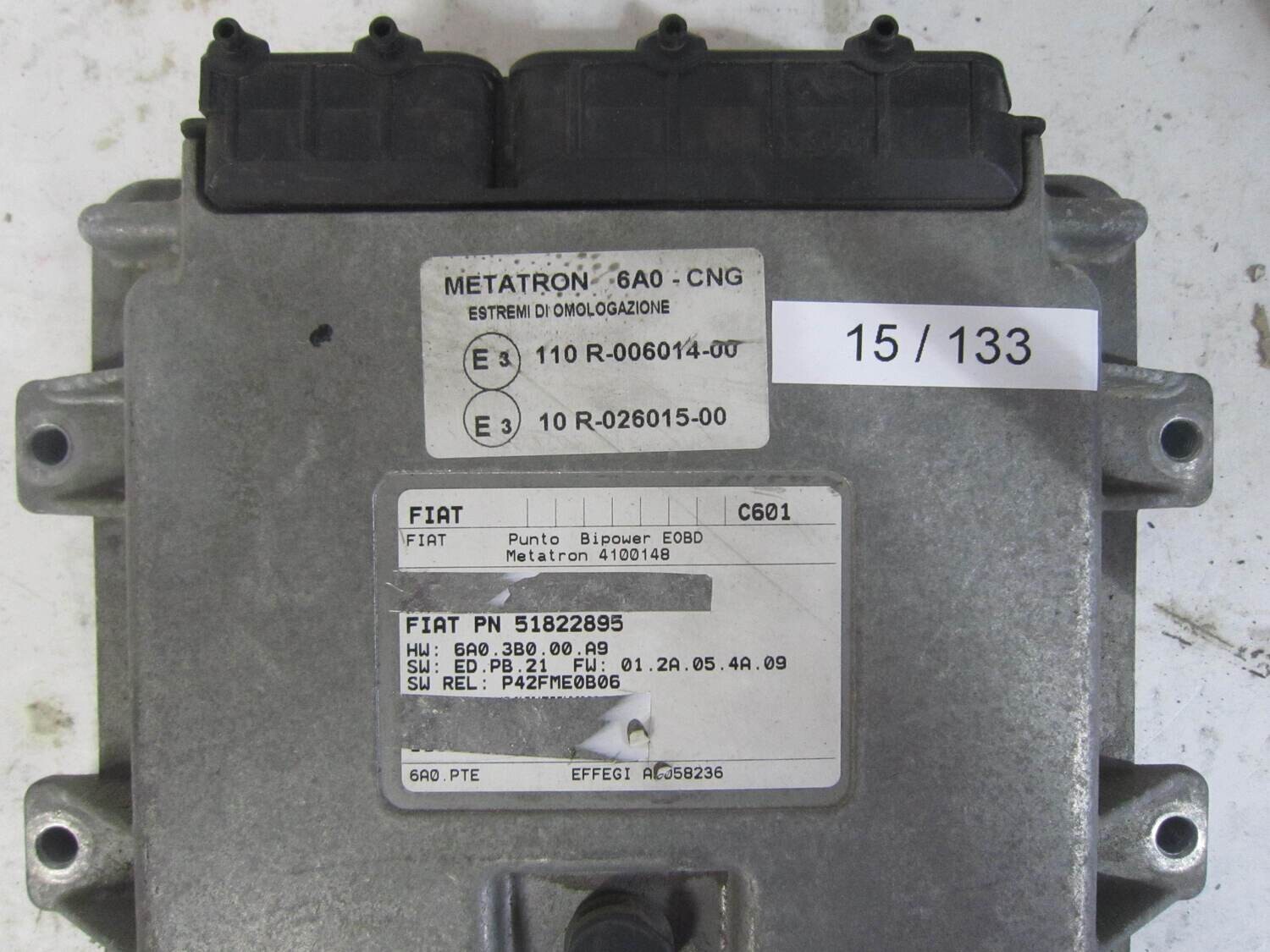 15-133 centralina metano metatron 51822895 4100148 hw: 6a0.3b0.00.a9 sw: ed.pb.21 p42fme0b06 fiat punto