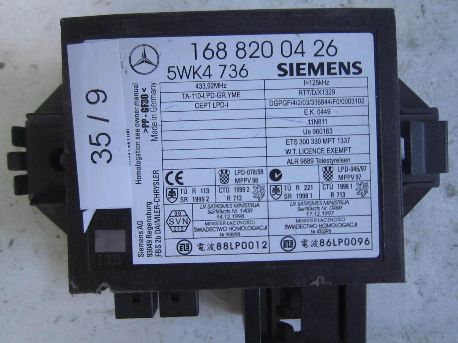 35-9 Centralina Immobilizer Siemens 5WK4 736 5WK4736 168 820 04 26 1688200426 MERCEDES BENZ Generica CLASSE A