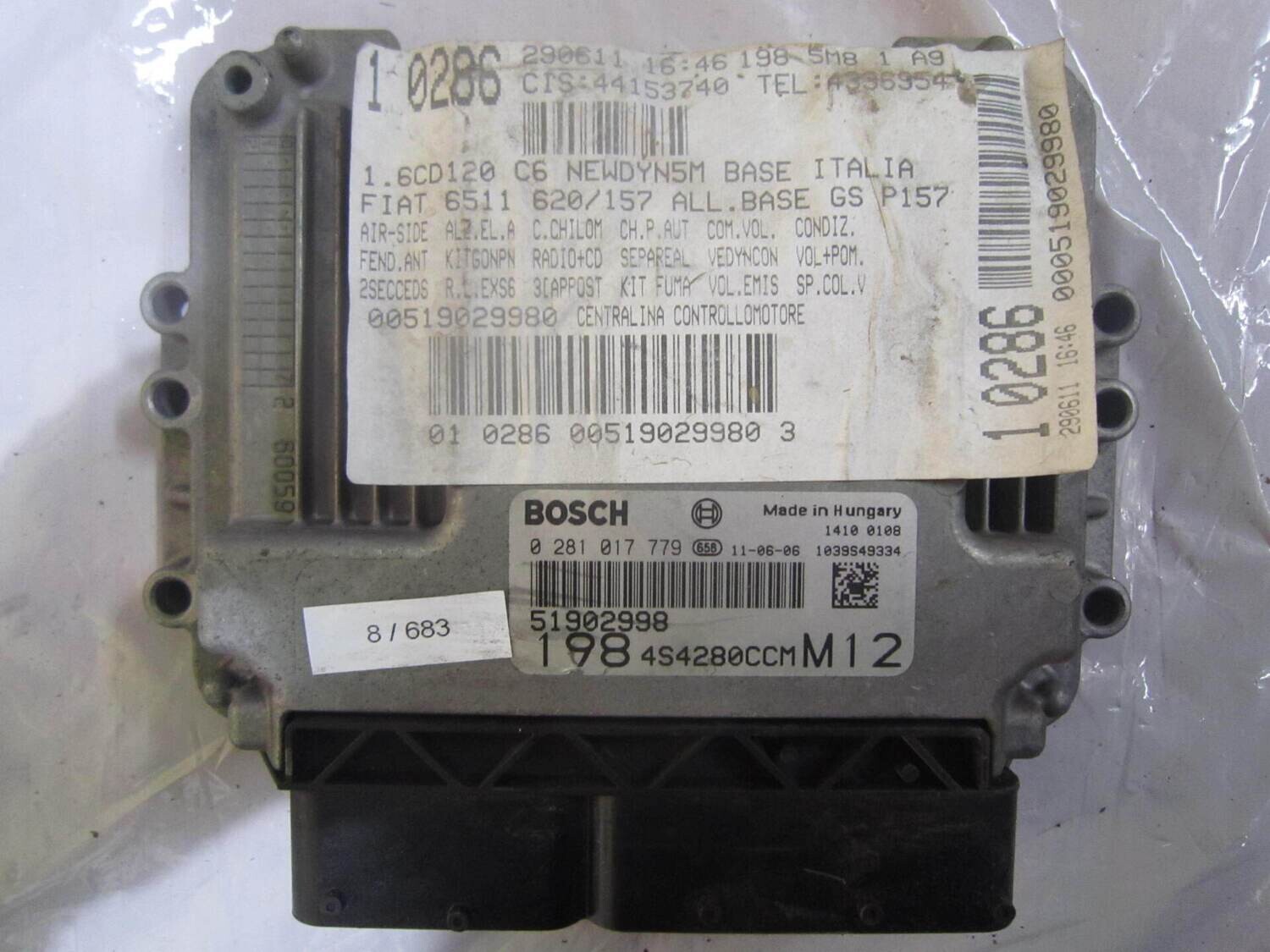 8-683 Centralina Motore Bosch 0 281 017 779 0281017779 51902998 1039S49334 198 4S4280CCM M12  ALFA ROMEO / FIAT / LANCIA DIESEL BRAVO