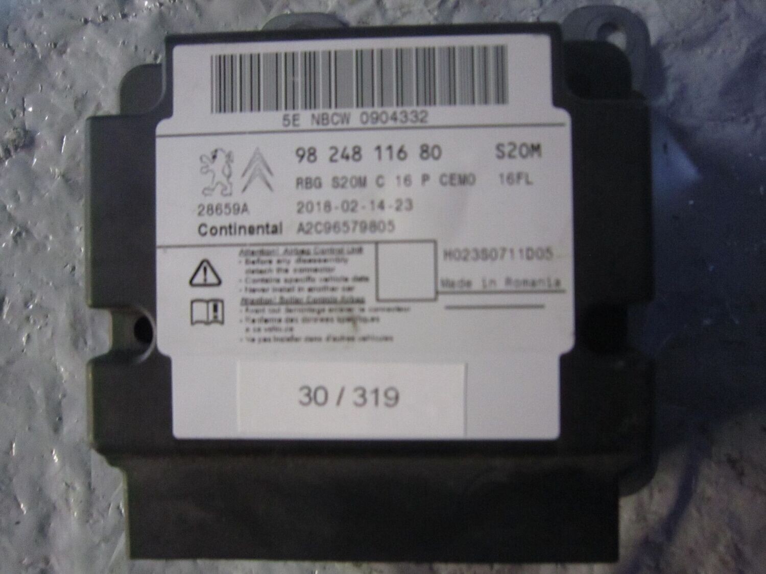 30-319 Centralina Airbag Continental 98 248 116 80 9824811680 A2C96579805    CITROEN / PEUGEOT  3008