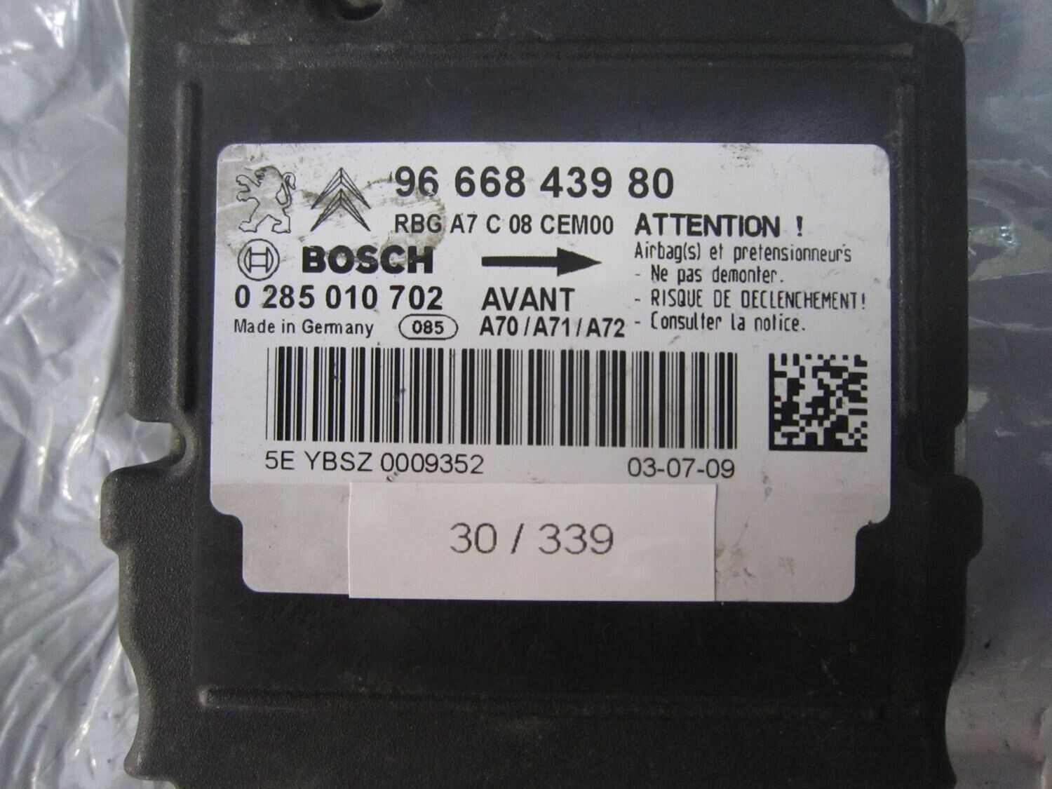 30-339 Centralina Airbag Citroen / Peugeot 0 285 010 702 0285010702 96 668 439 80    CITROEN / PEUGEOT  207