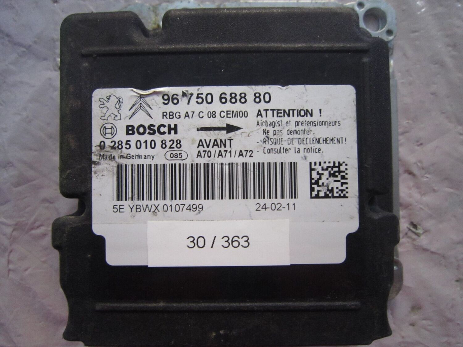 30-363 Centralina Airbag Bosch 0 285 010 828 0285010828 9675068880    CITROEN / PEUGEOT  207