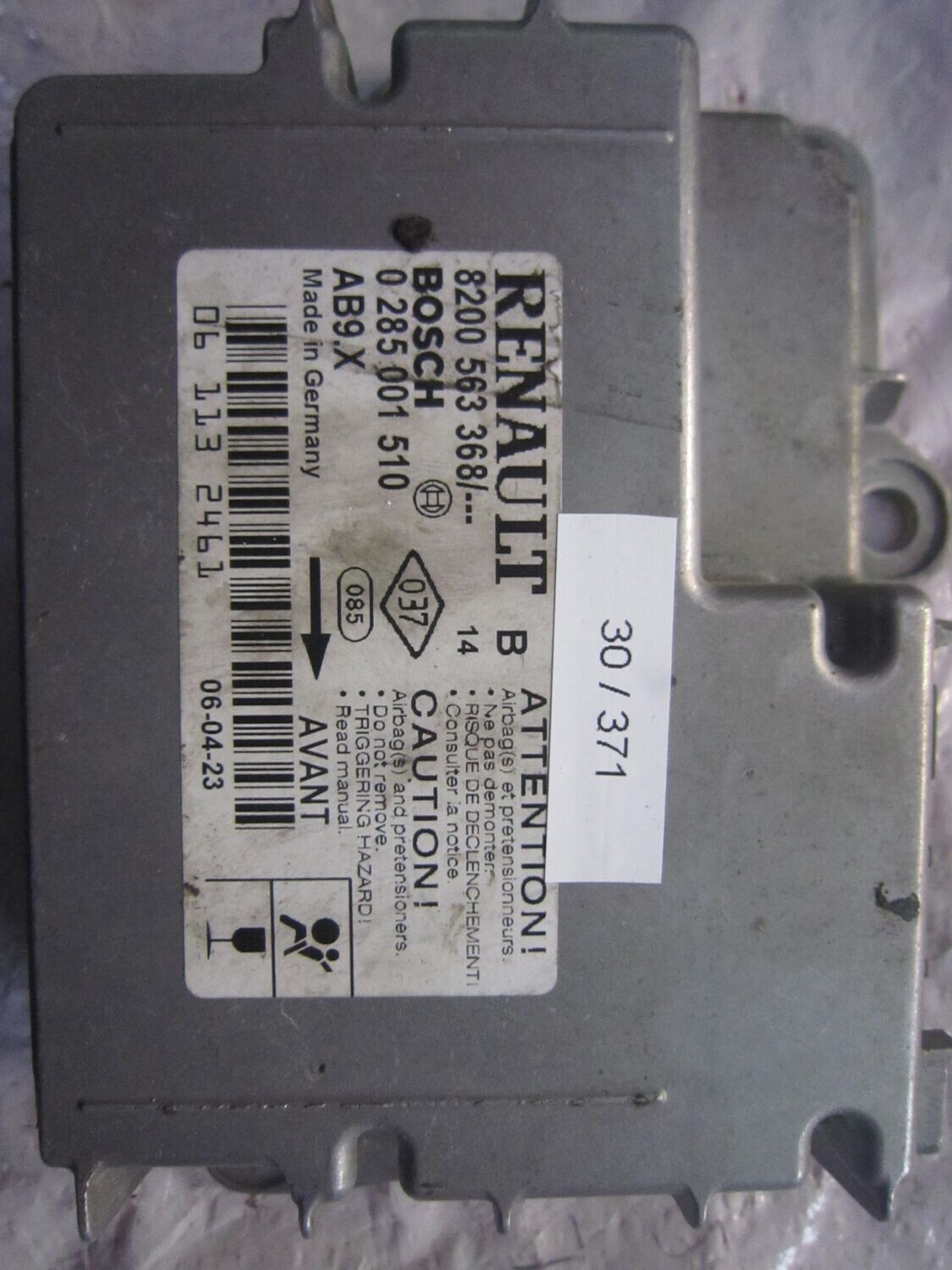 30-371 Centralina Airbag Bosch 0 285 001 510 0285001510 8200 563 368 AB9.X   RENAULT  CLIO