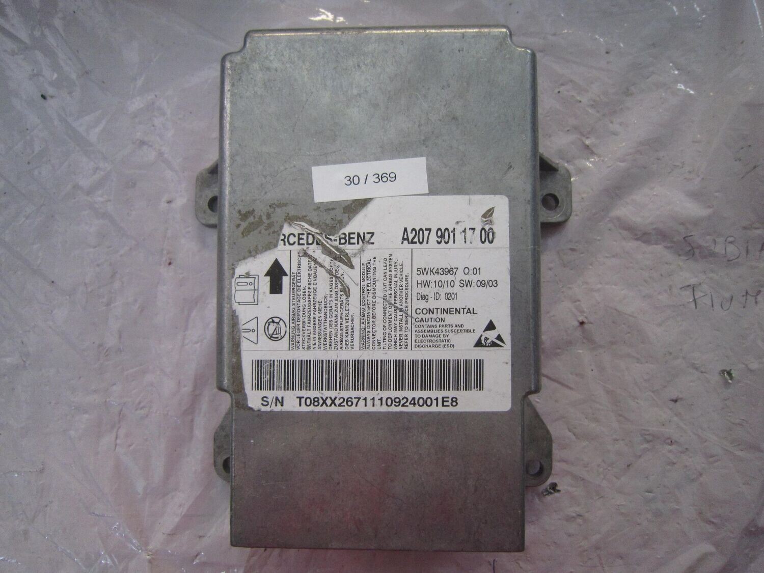 30-369 Centralina Airbag Continental 5WK43967   A207 901 17 00 Q01   MERCEDES  CLK