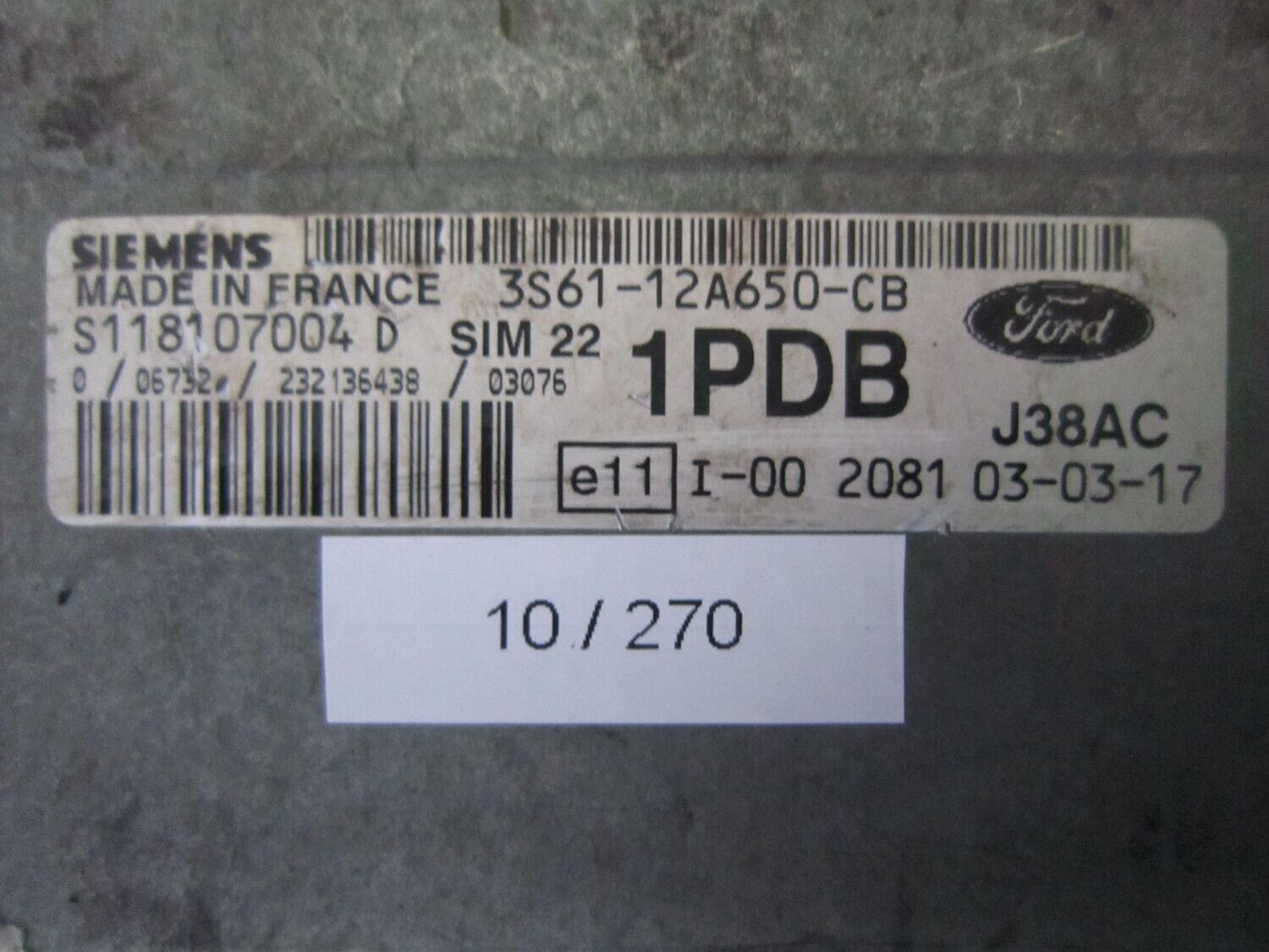 10-270 Centralina Motore Siemens S118107004 D S118107004D 3S61-12A650-CB SIM22 J38AC 1PDB FORD BENZINA FIESTA