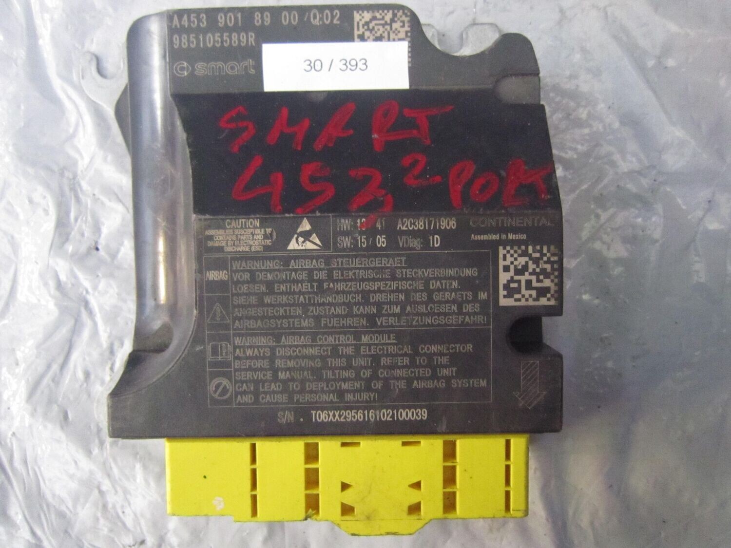 30-393 Centralina Airbag Continental A453 901 89 00/Q02 A4539018900Q02 985105589R A2C038171906   SMART  453
