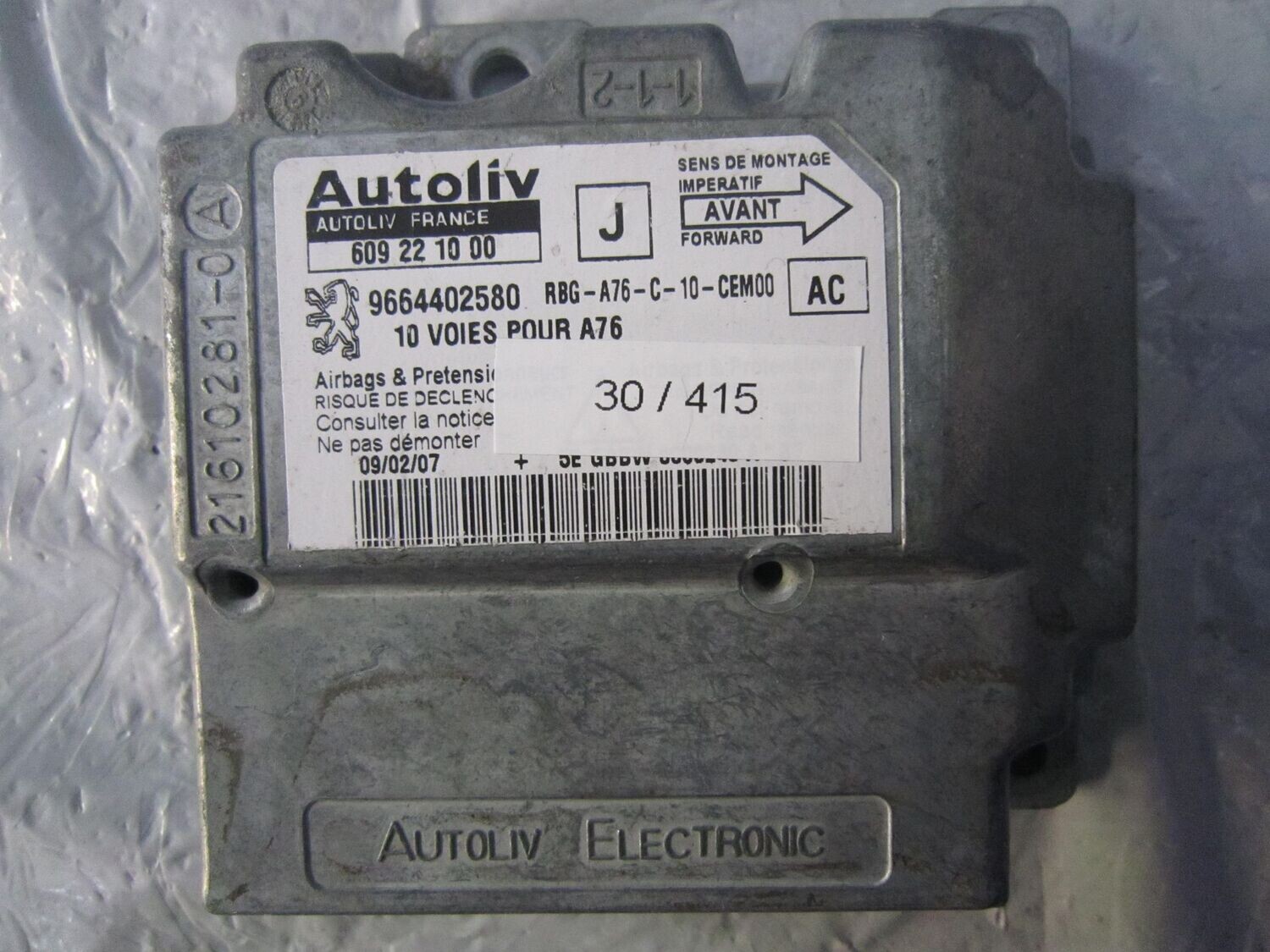 30-415 Centralina Airbag Autoliv 609 22 10 00 609221000 9664402580 RBG-A76-C-10-CEM00   CITROEN / PEUGEOT  207