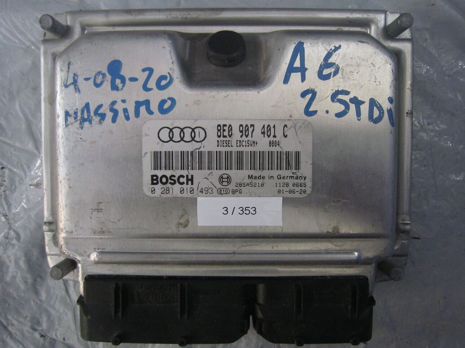 3-353 Centralina Motore Bosch 0 281 010 493 0281010493 8E0 907 401 C 28SA5210 EDC15VM  AUDI DIESEL A 4