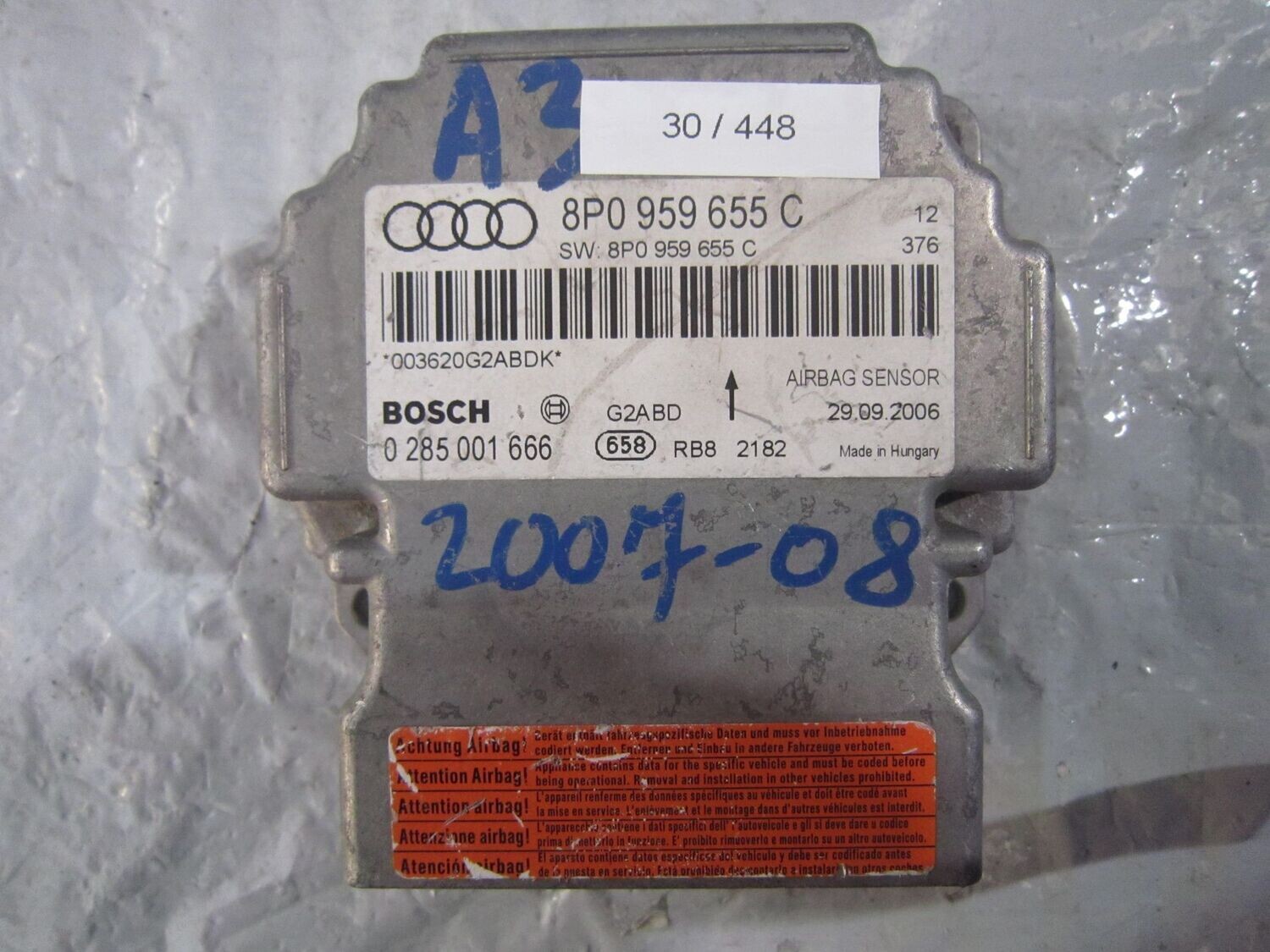 30-448 Centralina Airbag Bosch 0 285 001 666 0285001666 8P0 959 655 C    AUDI  A 3