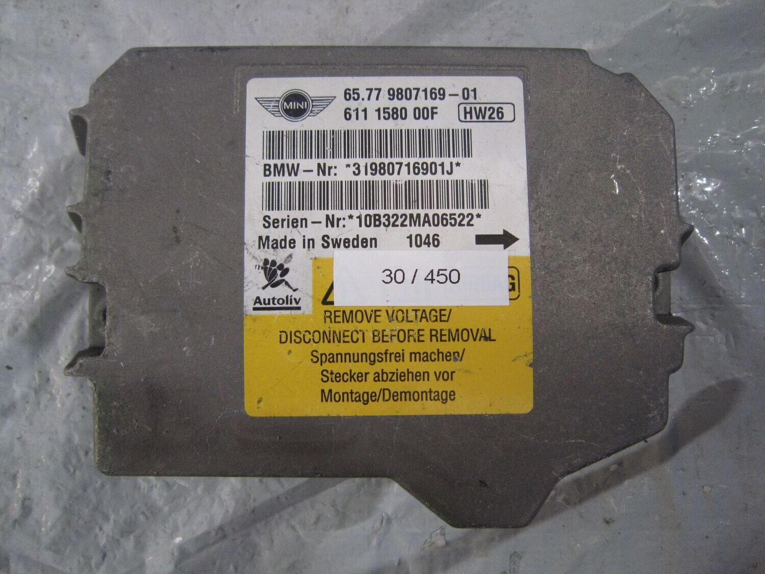 30-450 Centralina Airbag Autoliv 6577 9807169-01 6577980716901 611 1580 00F    MINI  COOPER