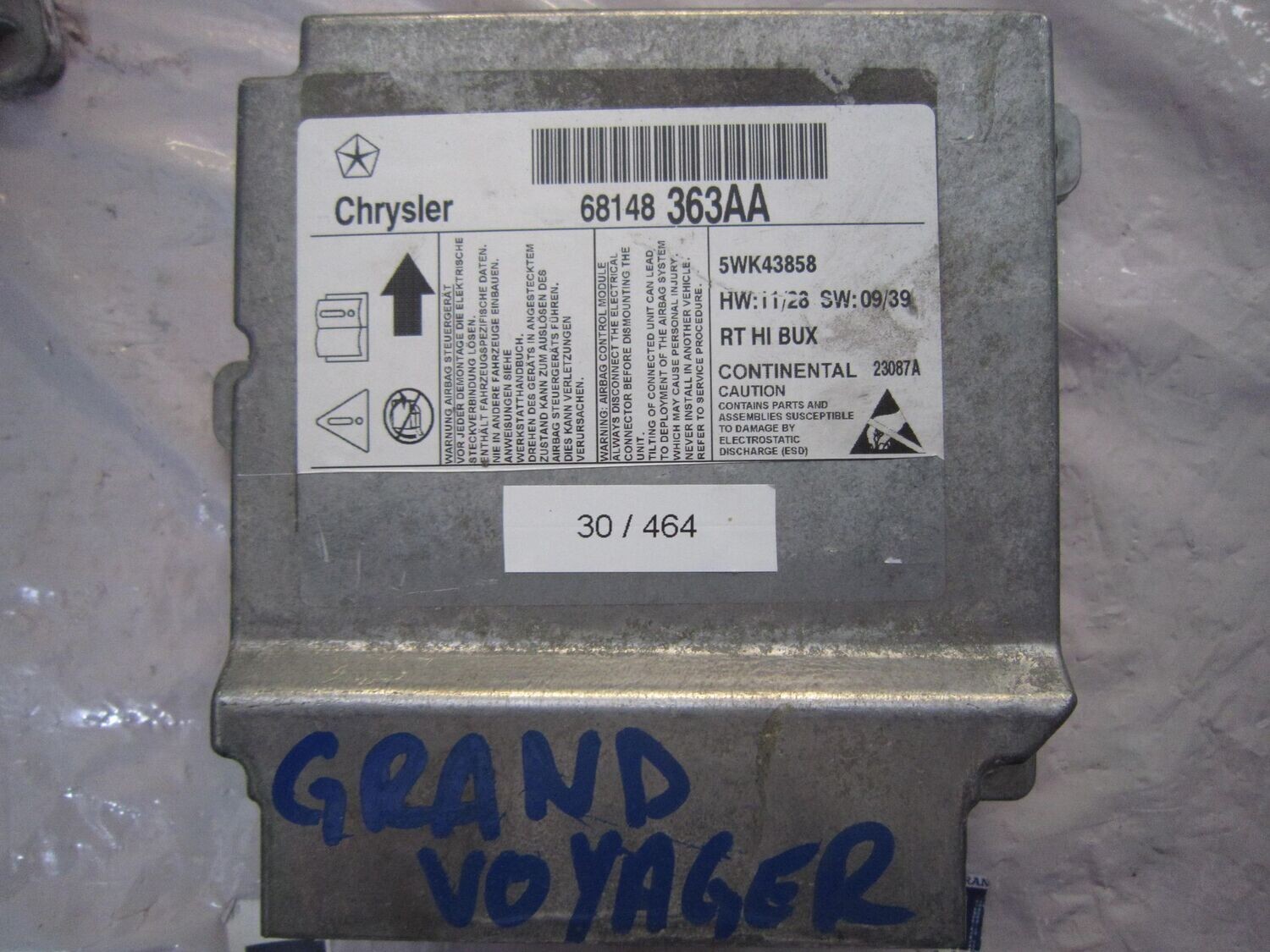 30-464 Centralina Airbag Continental 68148 363AA 68148363AA 5WK43858 23087A HW: 11/28 SW: 09/39 CHRYSLER  VOYAGER