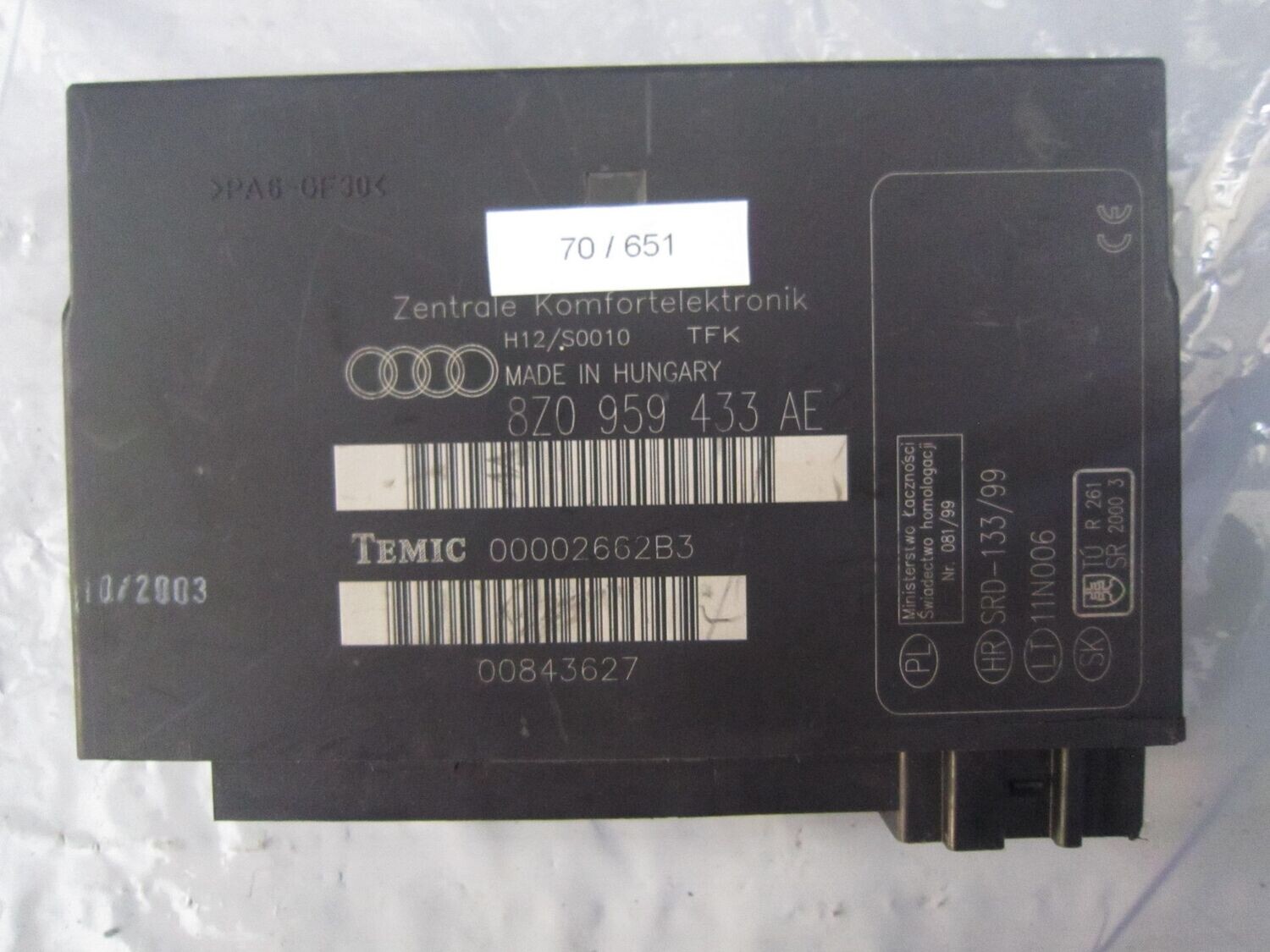 70-651 Centralina Modulo Confort Temic 8Z0 959 433 AE 8Z0959433AE 2662B3 H12/S0010    AUDI  VARIE
