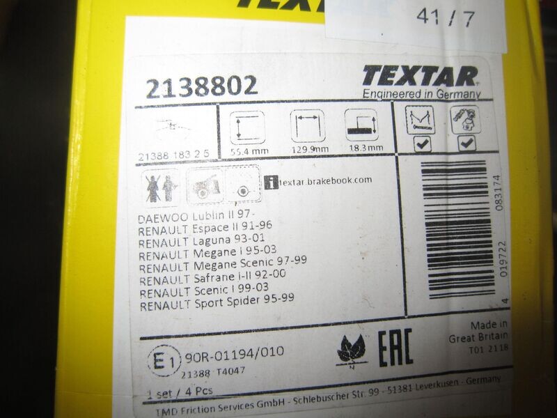 41-7 Pastiglie Freni Anteriori Textar 90R-01194/010 90R01194010 2138802 21388 183 2 5   RENAULT  VARIE