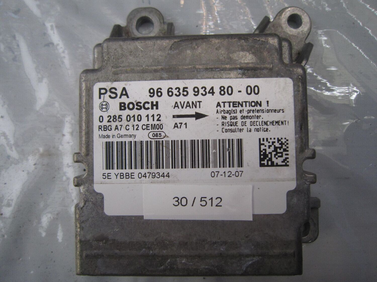 30-512 Centralina Airbag Bosch 0 285 010 112 0285010112 96 635 934 80 - 00 RBG A7 C12 CEM 00   PEUGEOT  207