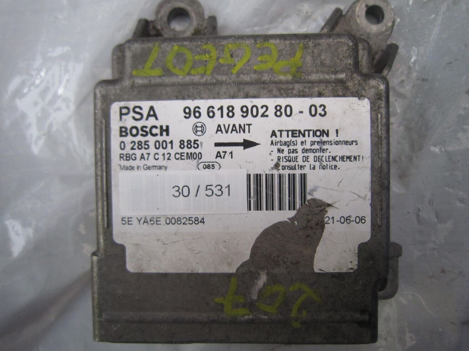 30-531 Centralina Airbag Bosch 0 285 001 885 0285001885 96 618 902 80 - 03    PEUGEOT  207