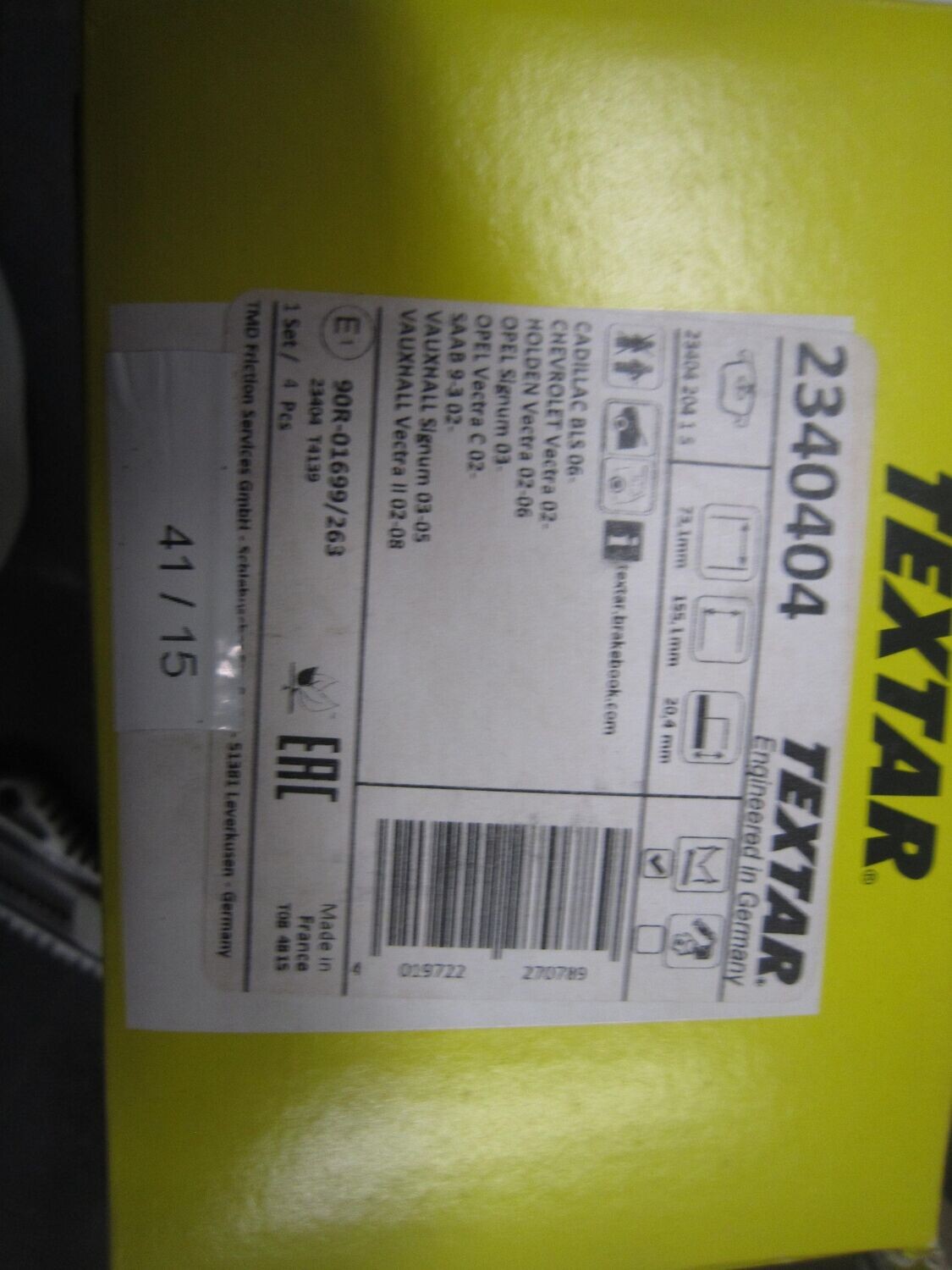41-15 Pastiglie Freni Anteriori Textar 90R-01699/263 90R01699263 2340404 CT 576570   OPEL  VARIE