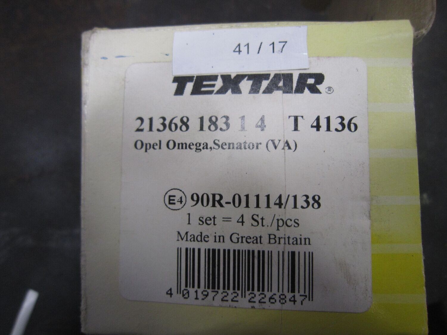 41-17 Pastiglie Freni Anteriori Textar 90R-01114/138 90R01114138 21368 183 1 4 T4136   OPEL  OMEGA