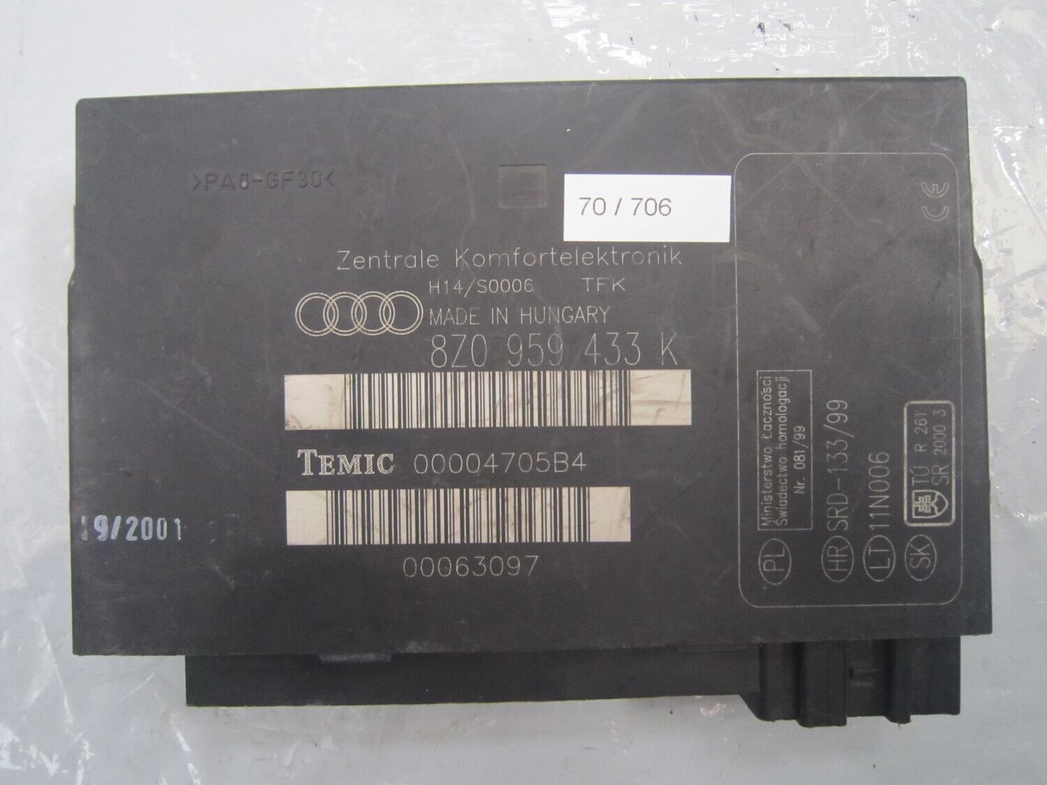 70-706 Centralina Modulo Confort Temic 8Z0 959 433 K 8Z0959433K 4705B4 SRD-133/99    AUDI DIESEL A 2
