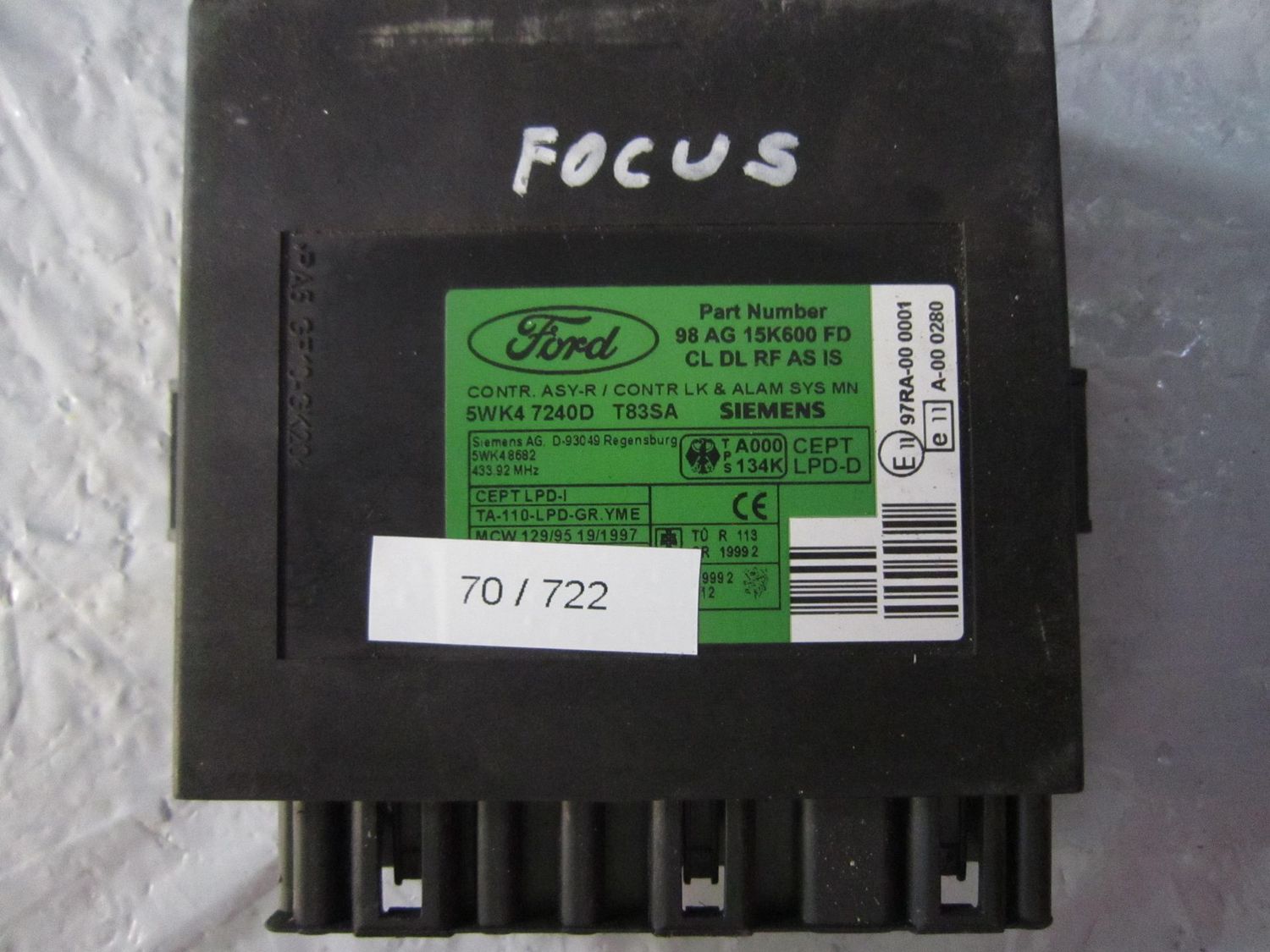 70-722 Centralina Modulo Confort Siemens 5WK4 7240D 5WK47240D 98 AG 15K600 FD    FORD  FOCUS