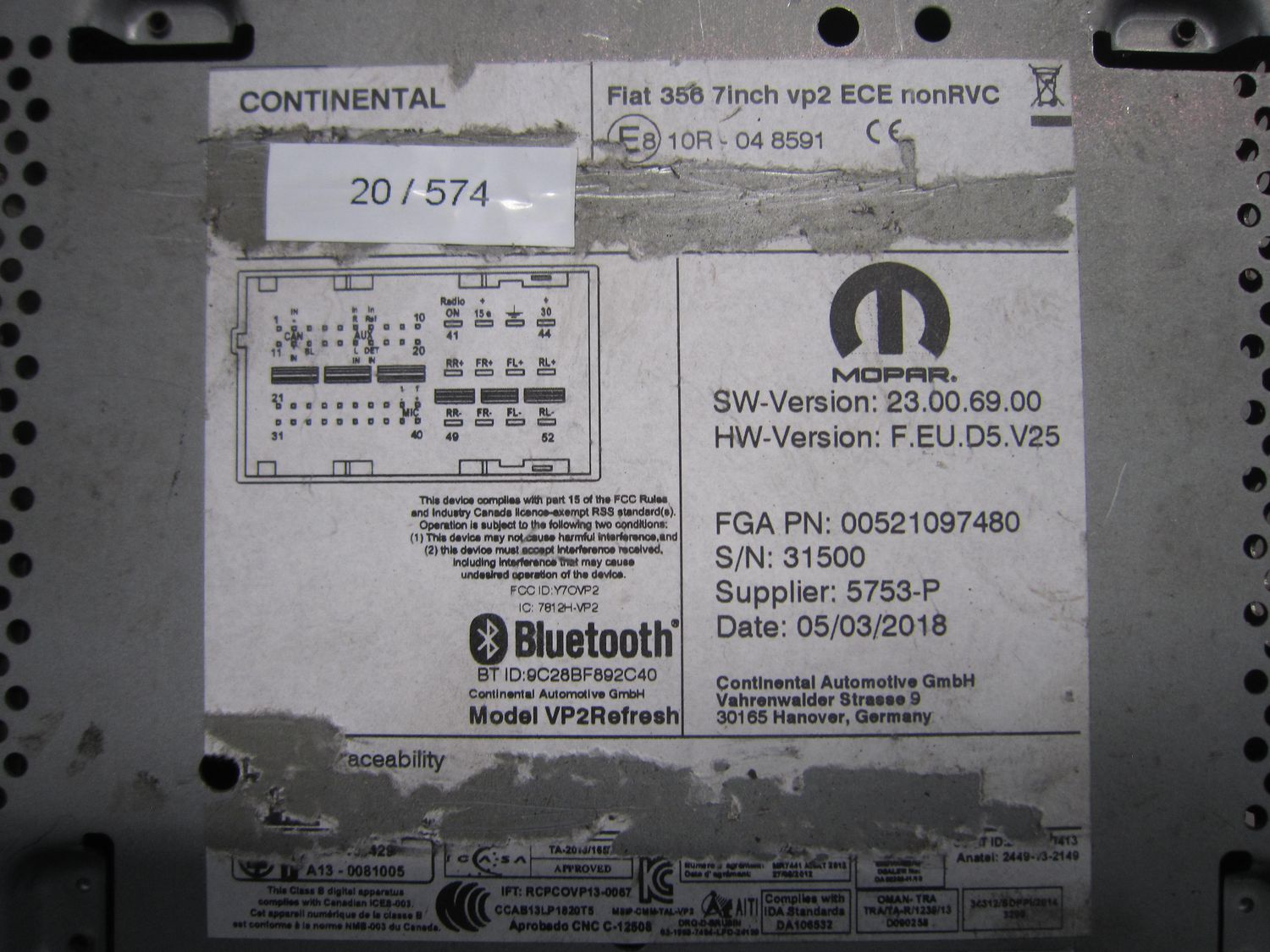 20-574 Navigatore Continental 00521097480   FIAT 356 7INCH VP2 ECE NONRVC    FIAT  TIPO