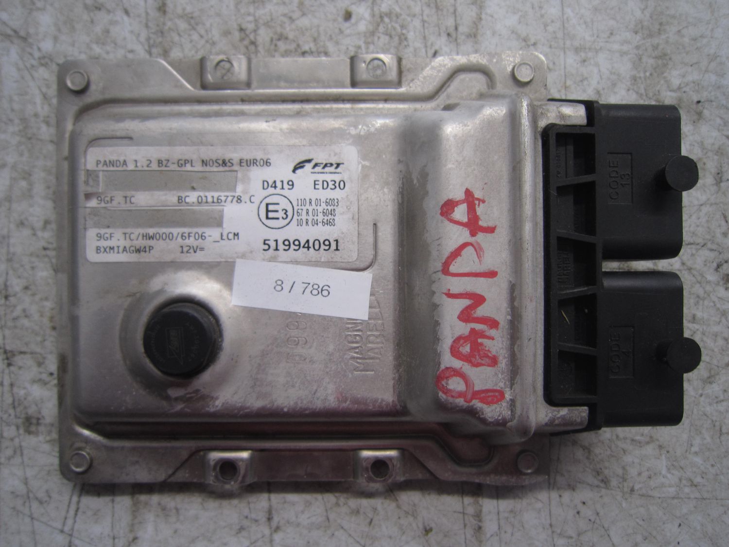8-786 Centralina Motore Magneti Marelli 51994091   BC.0116778.C 9GF.TC HW000/6F06  ALFA ROMEO / FIAT / LANCIA Benzina / Gpl PANDA