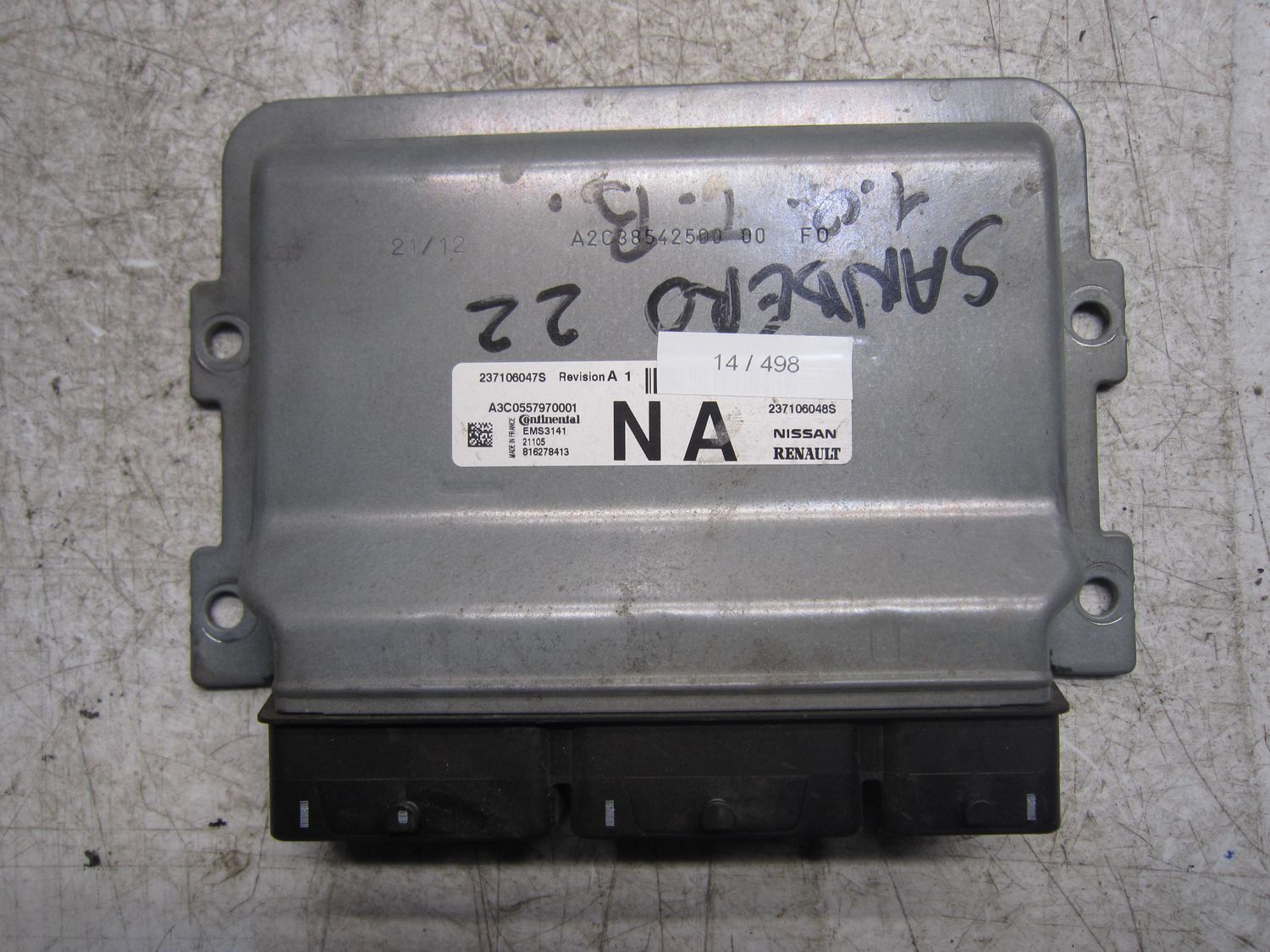 14-498 Centralina Motore Continental 237106047S   A3C0557970001 237106048S EMS3141 NA DACIA Benzina SANDERO
