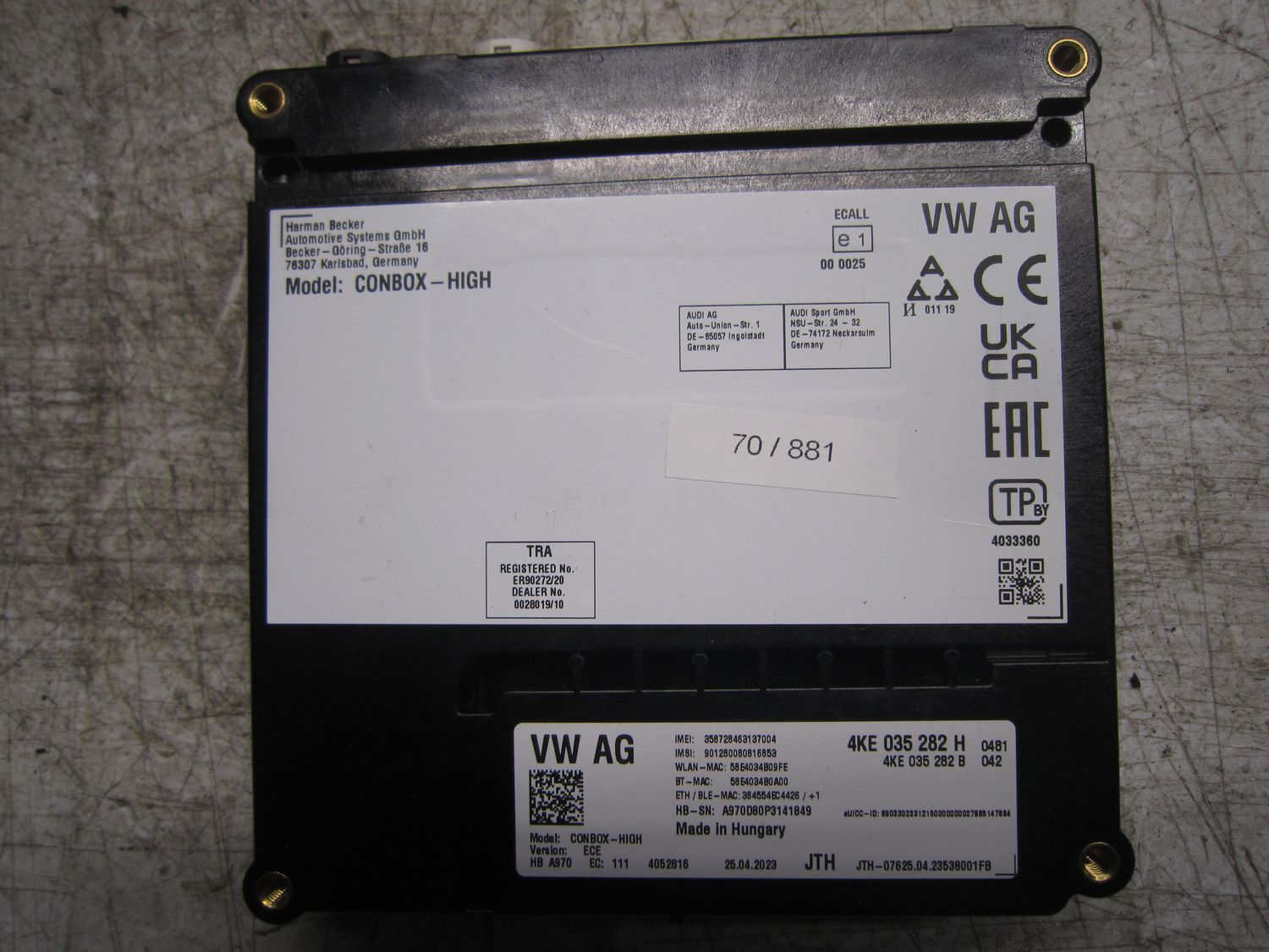 70-881 Centralina Bluetooth Harman 4KE 035 282 H 4KE035282H 4KE 035 282 B CONBOX-HIGH   AUDI  A 4