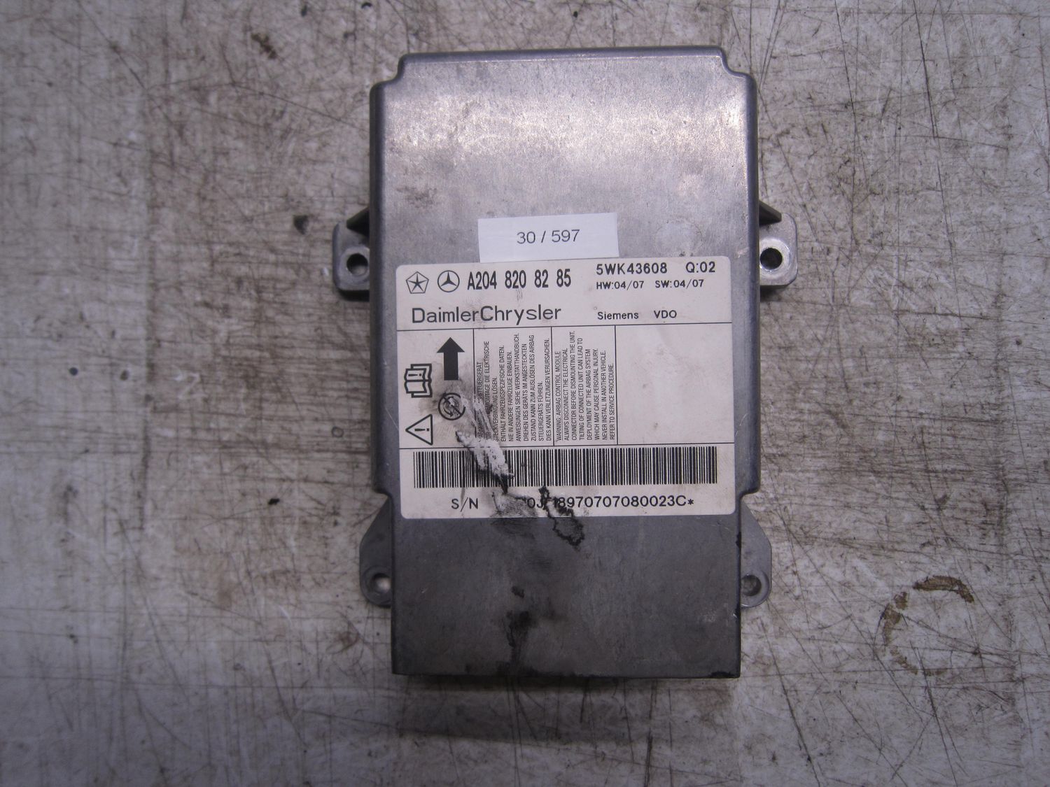 30-597 Centralina Airbag Siemens 5WK43608   A204 820 82 85 Q02   MERCEDES  CLASSE C
