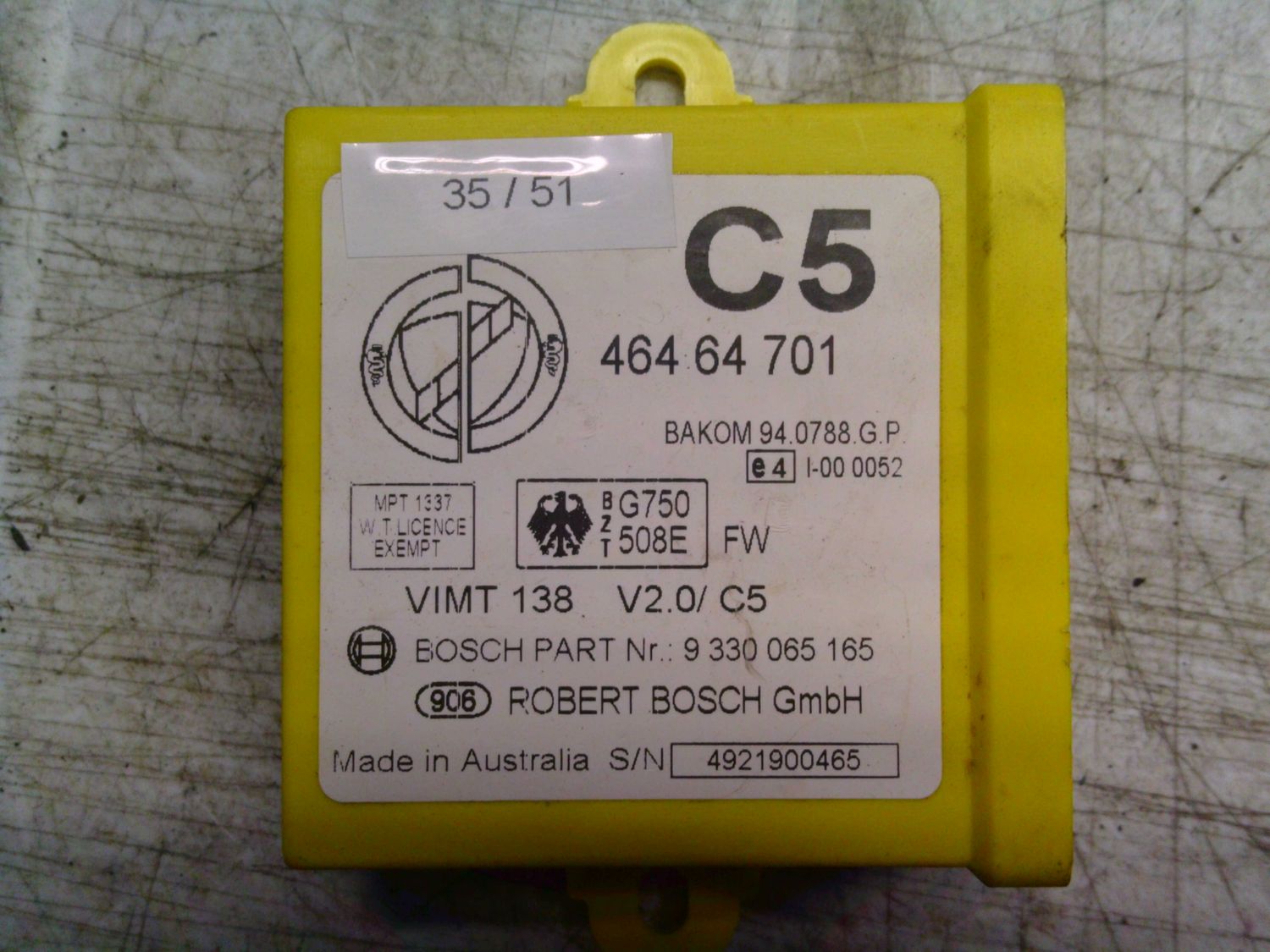 35-51 Centralina Immobilizer Bosch 9 330 065 165 9330065165 464 64 701 VIMT 138 V2.0/C5   LANCIA Benzina KAPPA