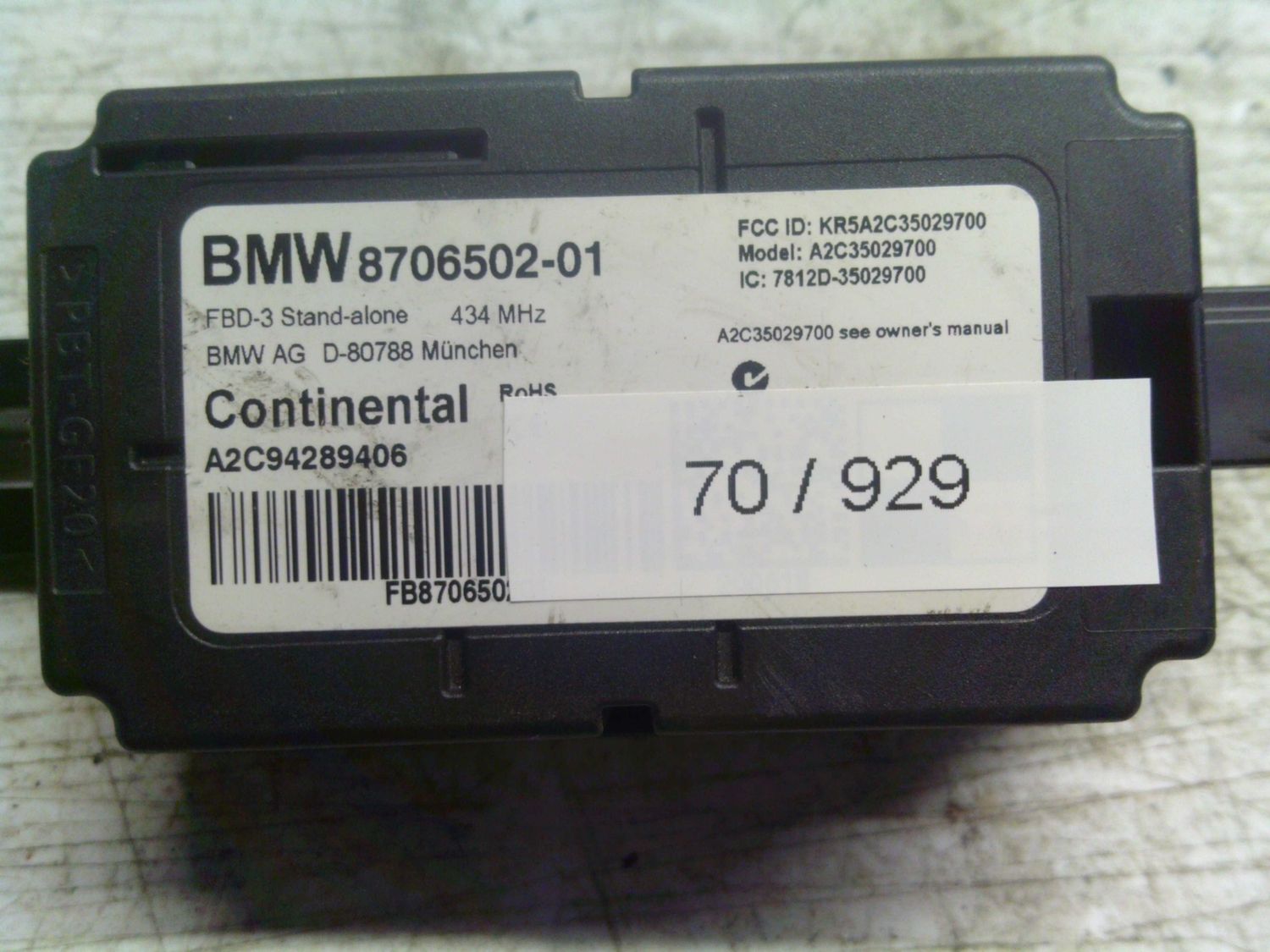 70-929 Modulo di Controllo Continental 8706502-01 870650201 A2C94289406    BMW  VARIE